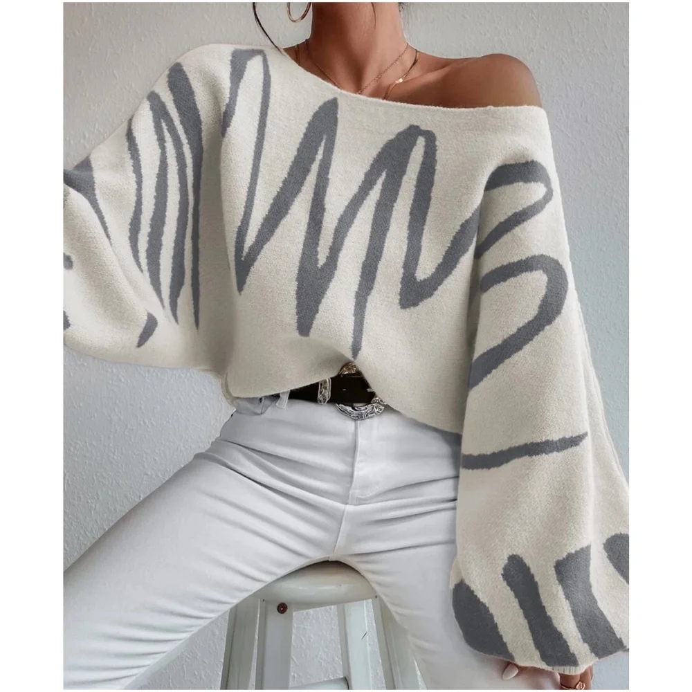Cozy Print Balloon Sleeve Sweater Top - Picture 8 of 10